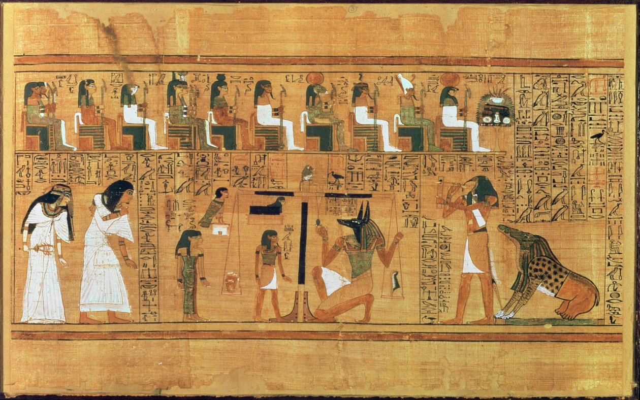The Weighing of the Heart against the Feather of Truth, från Book of the Dead of the Scribe Any, c.1250 BC (målad papyrus) av Egyptian 19th Dynasty