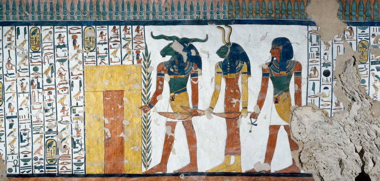 De tre släktena som vaktar den andra porten till kungariket Osiris, De dödas bok, kapitel 144, detaljer från freskerna i gravkammaren i Nefertari, Valley of Queens, Luxor, Thebe. Egyptisk civilisation, Nya kungariket, dynasti XIX. av Egyptian 19th Dynasty