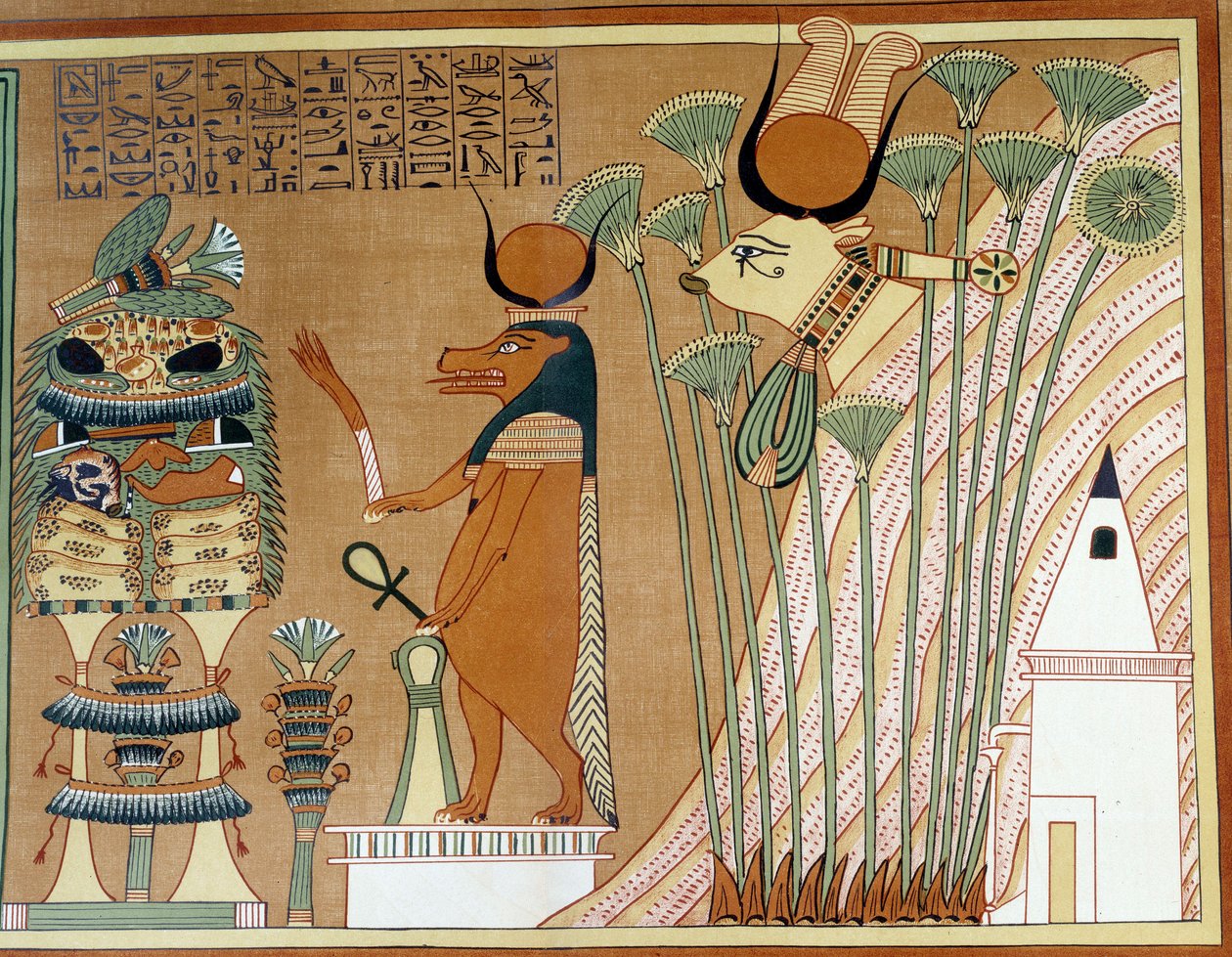 Thoueris och Hathor i papyrusen. Kollegiet liknar papyrusen från Ani, från Thebes av Egyptian 19th Dynasty