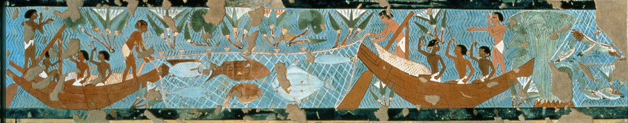 Väggmålning från Ipuys grav, Thebe, föreställande en fiskescen, New Kingdom, c.1275 f.Kr. (målad kalksten) av Egyptian 19th Dynasty