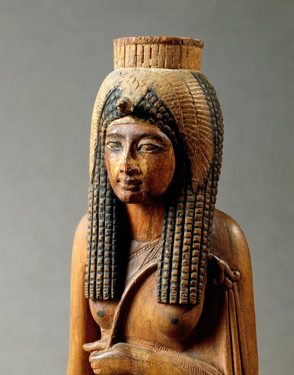 Trästaty av Ahmes Nefertari, Amenhotep I:s hustru, från Deir el-Medina, detalj, bysten, Nya riket, dynasti XIX av Egyptian 19th Dynasty