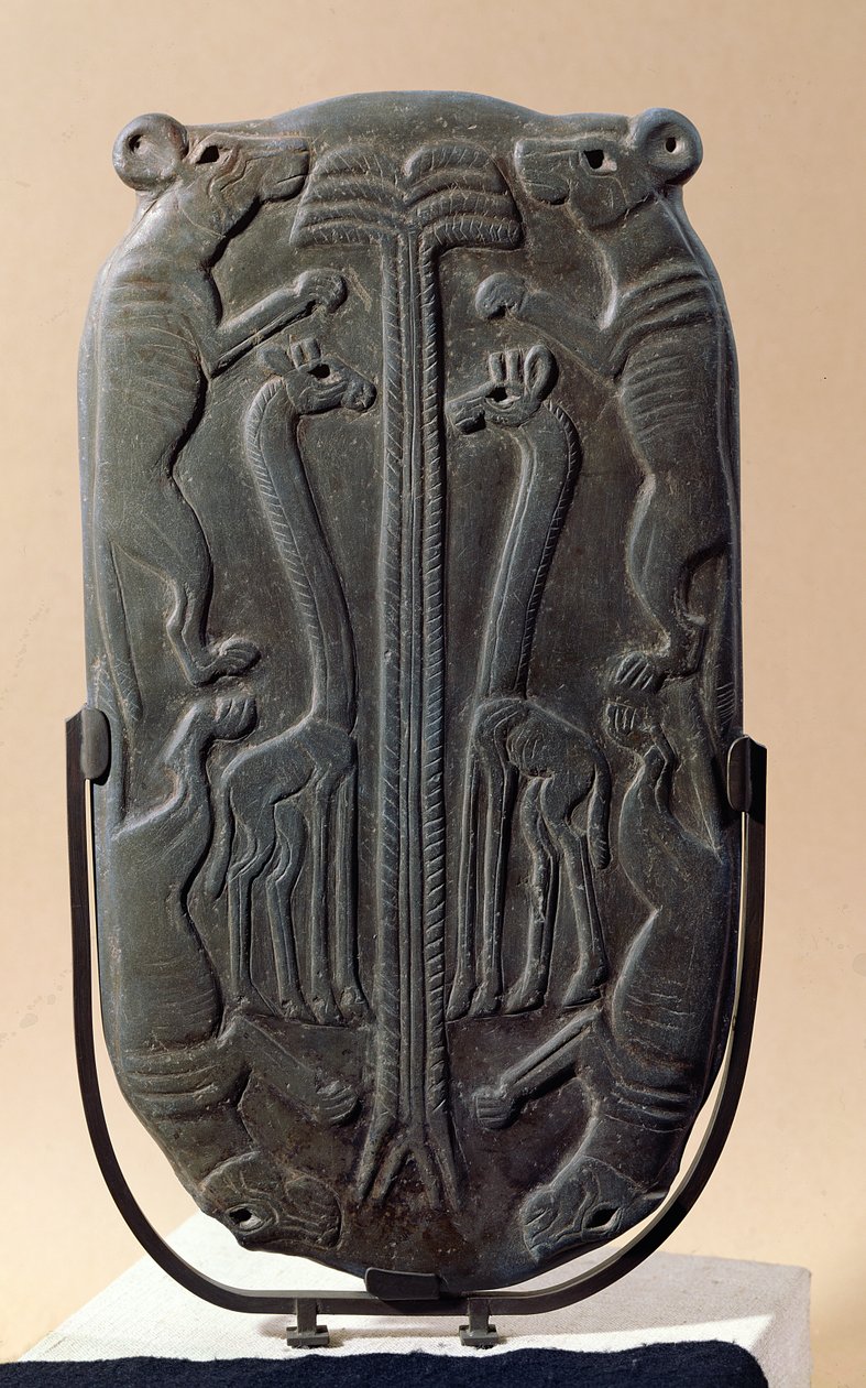 Palett föreställande fyra hundar och två giraffer med en palm, Thinite Period (skifer) av Egyptian 1st Dynasty