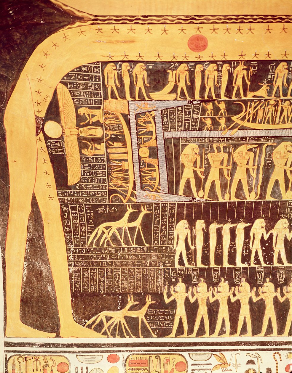 Detalj från Dagens bok från taket i gravkammaren i Ramses VI:s grav (r.1143-1136 f.Kr.) Nya kungariket (väggmålning) av Egyptian 20th Dynasty