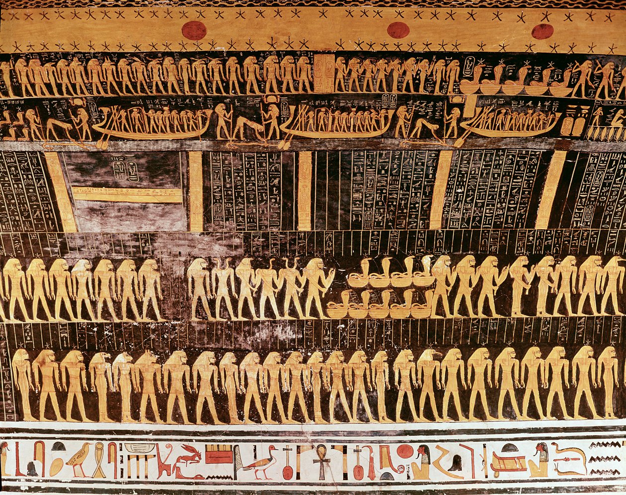 Detalj från Dagens bok från taket i gravkammaren i Ramses VI:s grav (r.1143-1136 f.Kr.) Nya kungariket (väggmålning) av Egyptian 20th Dynasty