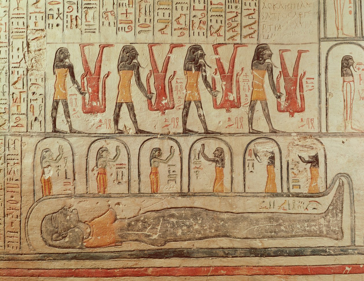 Detalj från Jordens bok, från gravkammaren i Ramses VI:s grav (r.1143-1136 f.Kr.) New Kingdom (väggmålning) av Egyptian 20th Dynasty