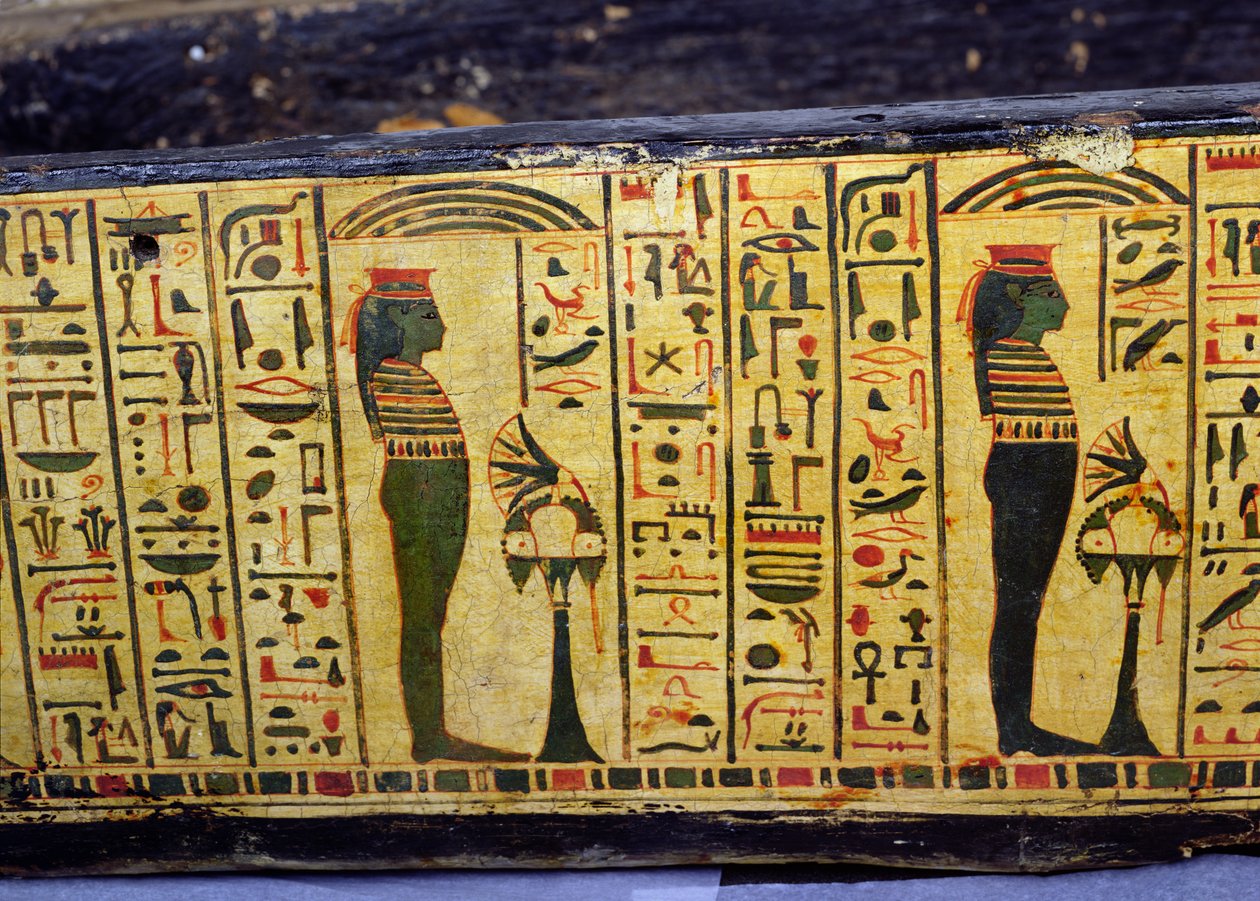 Detalj av den yttre kistbasen på mumin av Nesyamun, möjligen hittad i Deir El-Bahri, New Kingdom, ca 1100 f.Kr. (målat trä) av Egyptian 20th Dynasty