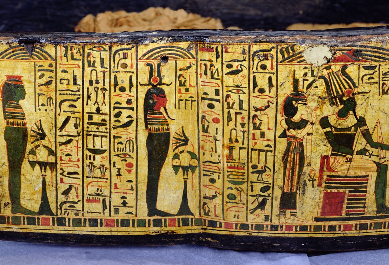 Maelezo ya msingi wa jeneza la nje la mummy wa Nesyamun, yawezekana ilipatikana huko Deir El-Bahri, New Kingdom, c.1100 BC (mbao zilizopakwa)swed. av Egyptian 20th Dynasty