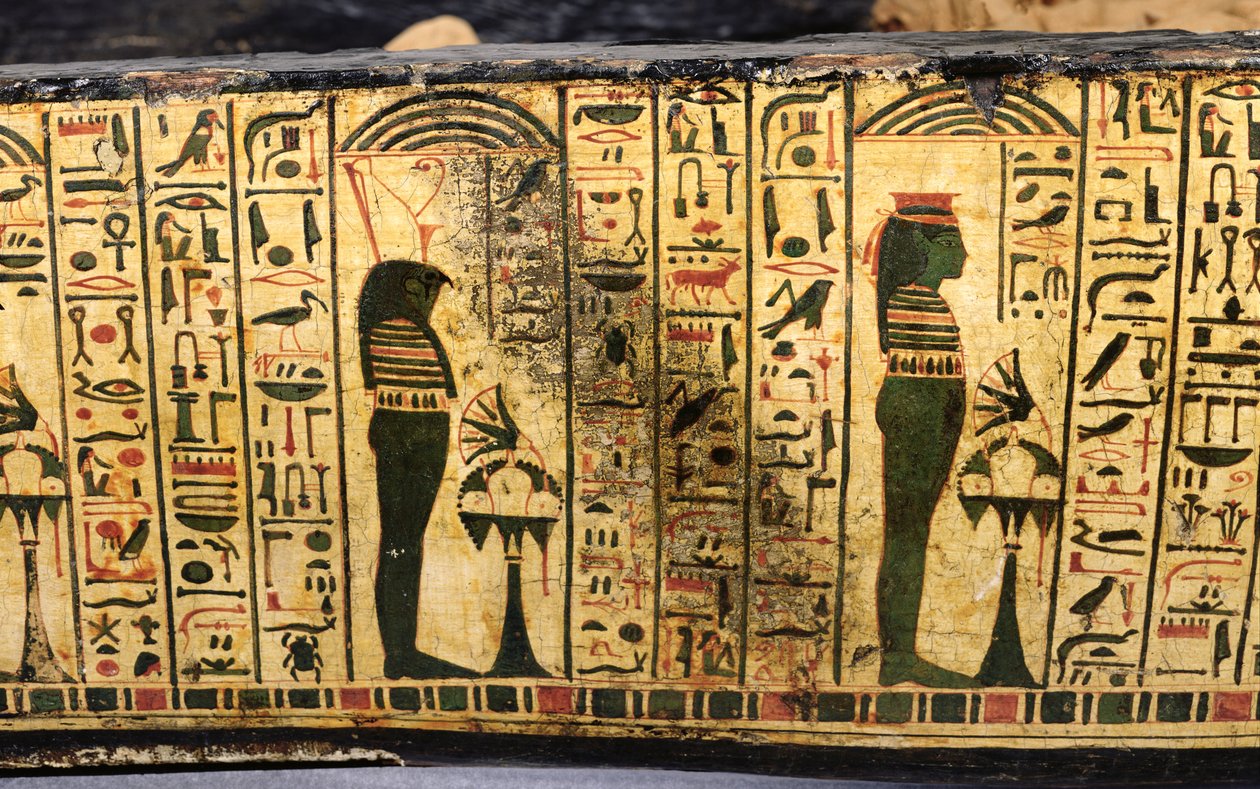 Detalj av den yttre kistbasen av mumin av Nesyamun, möjligen hittad i Deir El-Bahri, New Kingdom, ca 1100 f.Kr. (målat trä) av Egyptian 20th Dynasty