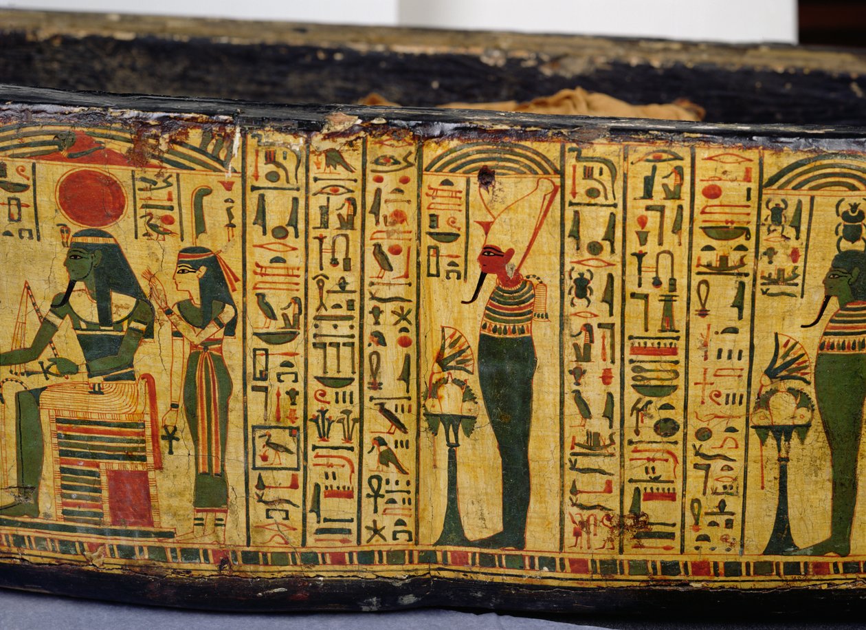 Detalj av den yttre kistbasen av mumin av Nesyamun, möjligen hittad i Deir El-Bahri, New Kingdom, ca 1100 f.Kr. (målat trä) av Egyptian 20th Dynasty
