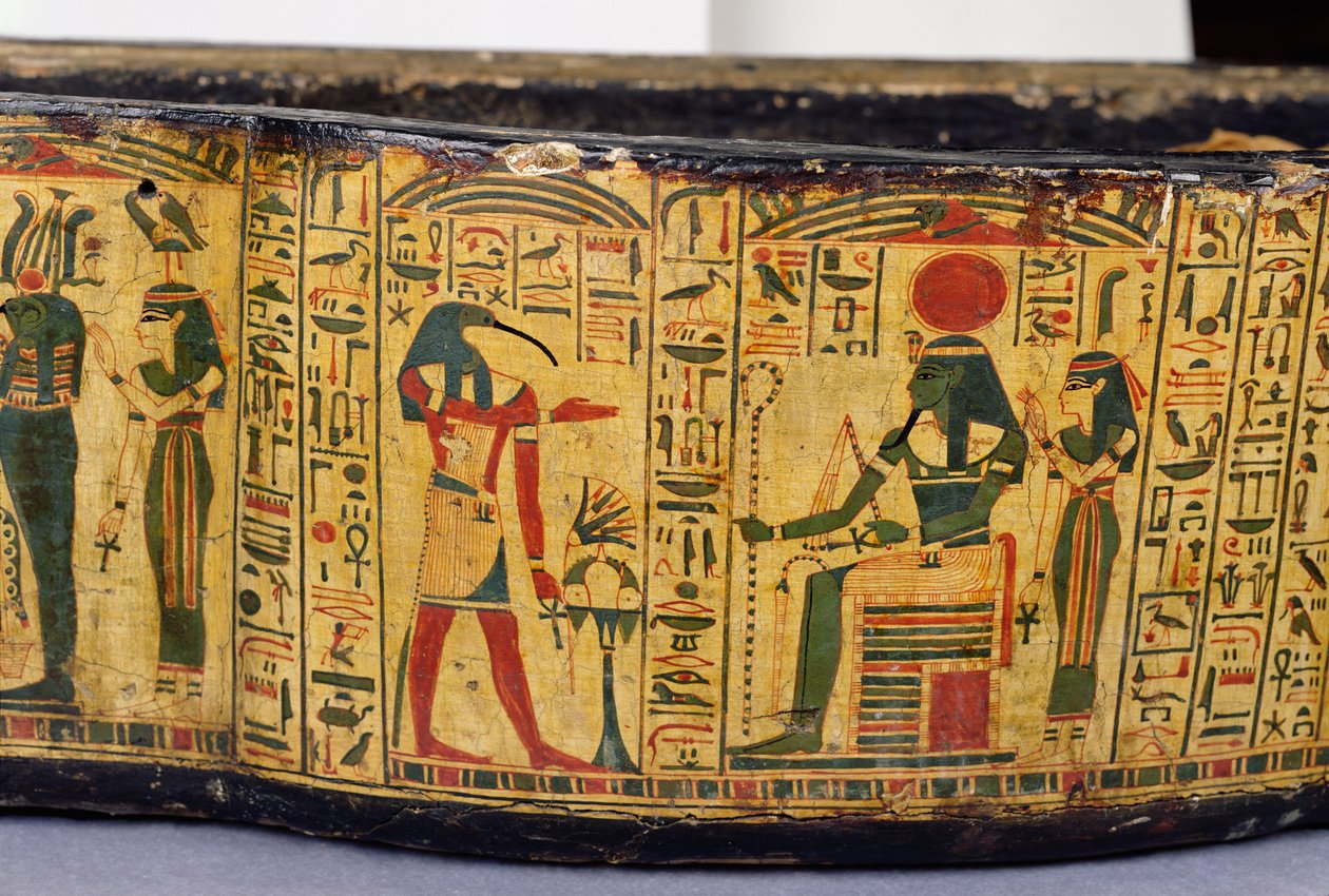 Detalj av den yttre kistbasen på mumin av Nesyamun, möjligen hittad i Deir El-Bahri, New Kingdom, ca 1100 f.Kr. (målat trä) av Egyptian 20th Dynasty