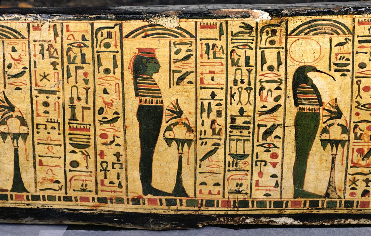 Detalj av den yttre kistbasen av mumin av Nesyamun, möjligen hittad i Deir El-Bahri, New Kingdom, ca 1100 f.Kr. (målat trä) av Egyptian 20th Dynasty
