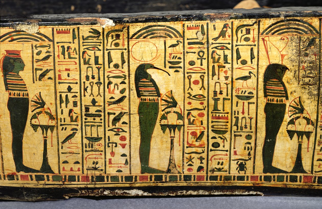 Detalj av den yttre kistbasen av mumin av Nesyamun, möjligen hittad i Deir El-Bahri, New Kingdom, ca 1100 f.Kr. (målat trä) av Egyptian 20th Dynasty