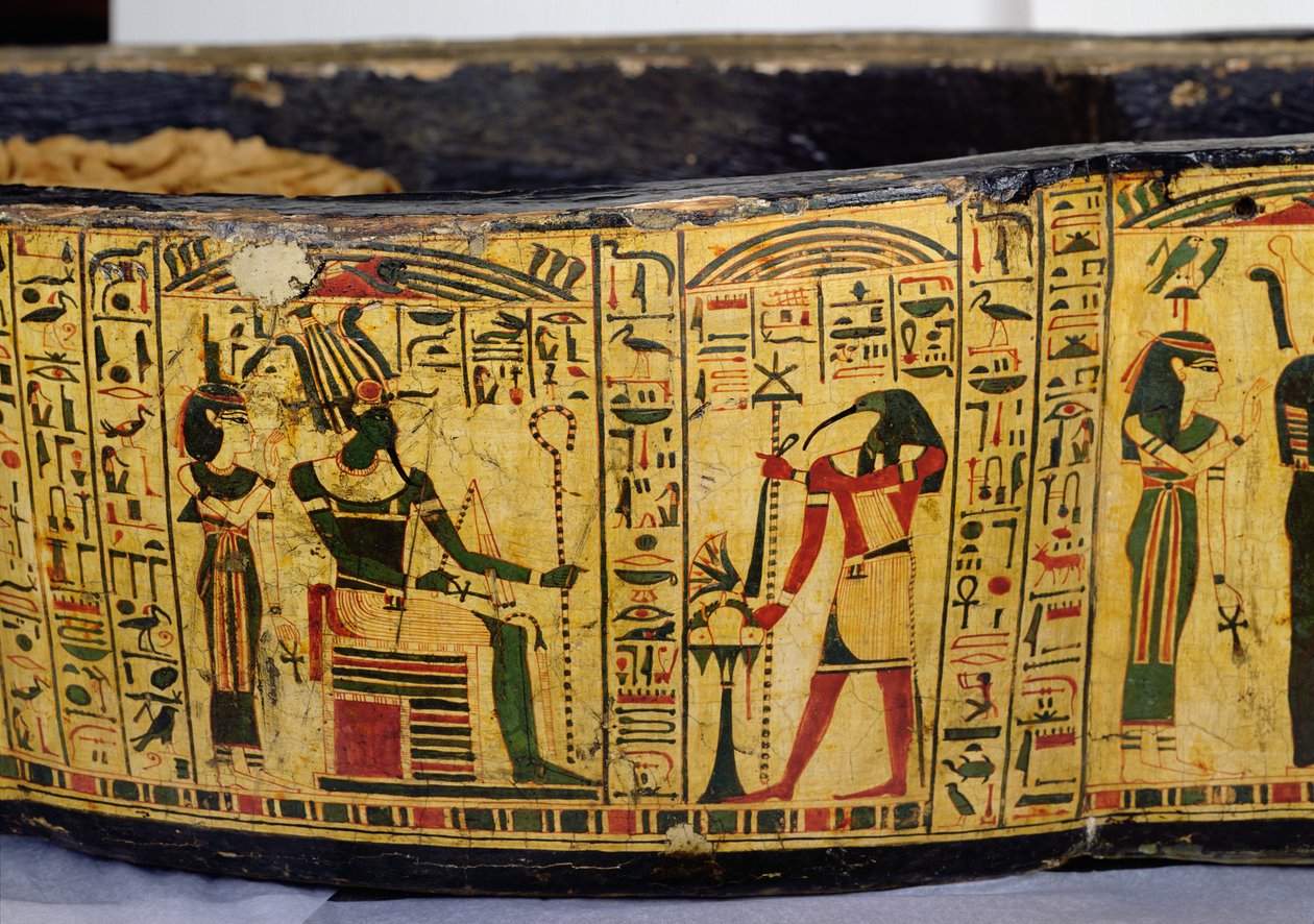 Detalj av den yttre kistbasen av mumin av Nesyamun, möjligen hittad i Deir El-Bahri, New Kingdom, ca 1100 f.Kr. (målat trä) av Egyptian 20th Dynasty