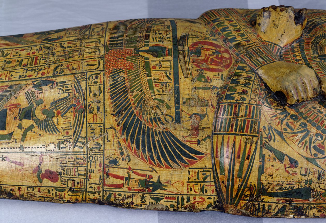 Detalj av det yttre kistlocket på mumin av Nesyamun, möjligen hittat i Deir El-Bahri, New Kingdom, ca 1100 f.Kr. (målat trä) av Egyptian 20th Dynasty