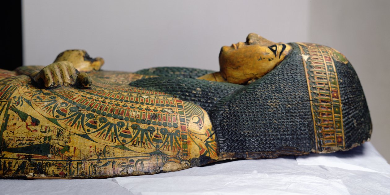 Detalj av det yttre kistlocket på mumin av Nesyamun, möjligen hittat i Deir El-Bahri, New Kingdom, ca 1100 f.Kr. (målat trä) av Egyptian 20th Dynasty