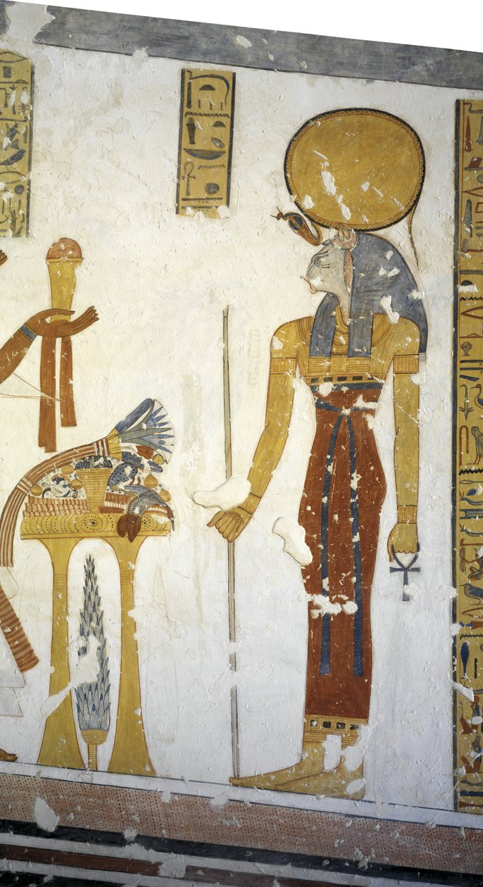 Egypten, Thebe, Luxor, kungarnas dal, prins Mentuherkhepeshefs grav, väggmålning av katthuvudgudinnan Bastet, 20:e dynasti av Egyptian 20th Dynasty