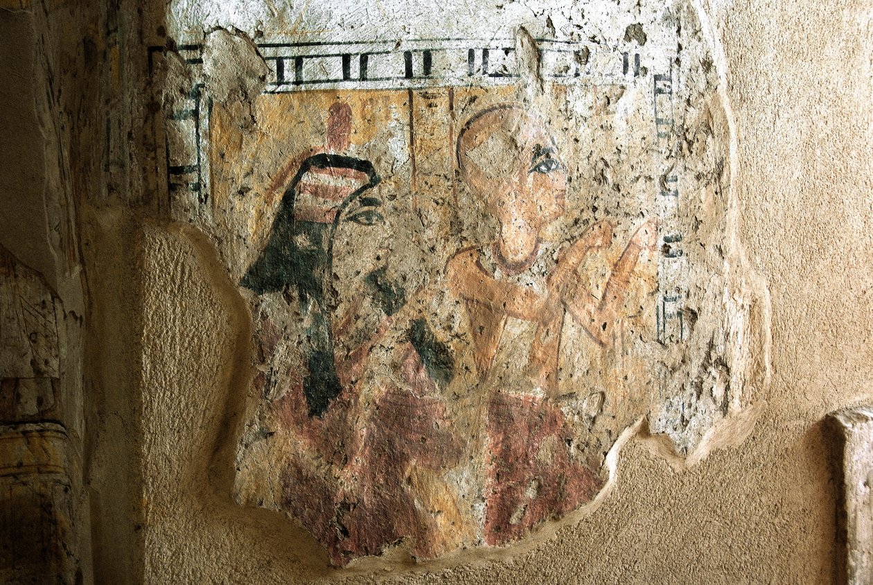 Egyptisk antikvitet: representation av Shuroy och hans fru i tillbedjan. Målning av Shuroys grav (TT13). 20:e dynasti. 1190-1077 f.Kr. Nekropolen i Dra Abu el-Naga, Västbanken i Luxor, Egypten av Egyptian 20th Dynasty