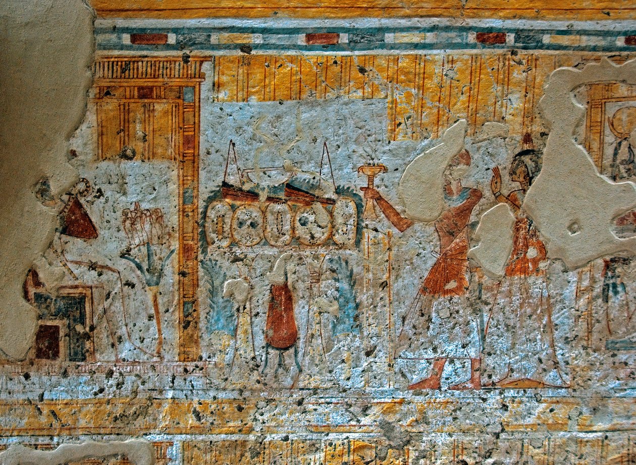 Egyptisk antikvitet: representation av Shuroy och hans fru som dyrkar guden Osiris som sitter framför Horus fyra söner i ett papyrusblad. Målning av Shuroys grav (TT13). 20:e dynasti. 1190-1077 f.Kr. Nekropolen av Dra Abu el-Naga, Västbanken av av Egyptian 20th Dynasty