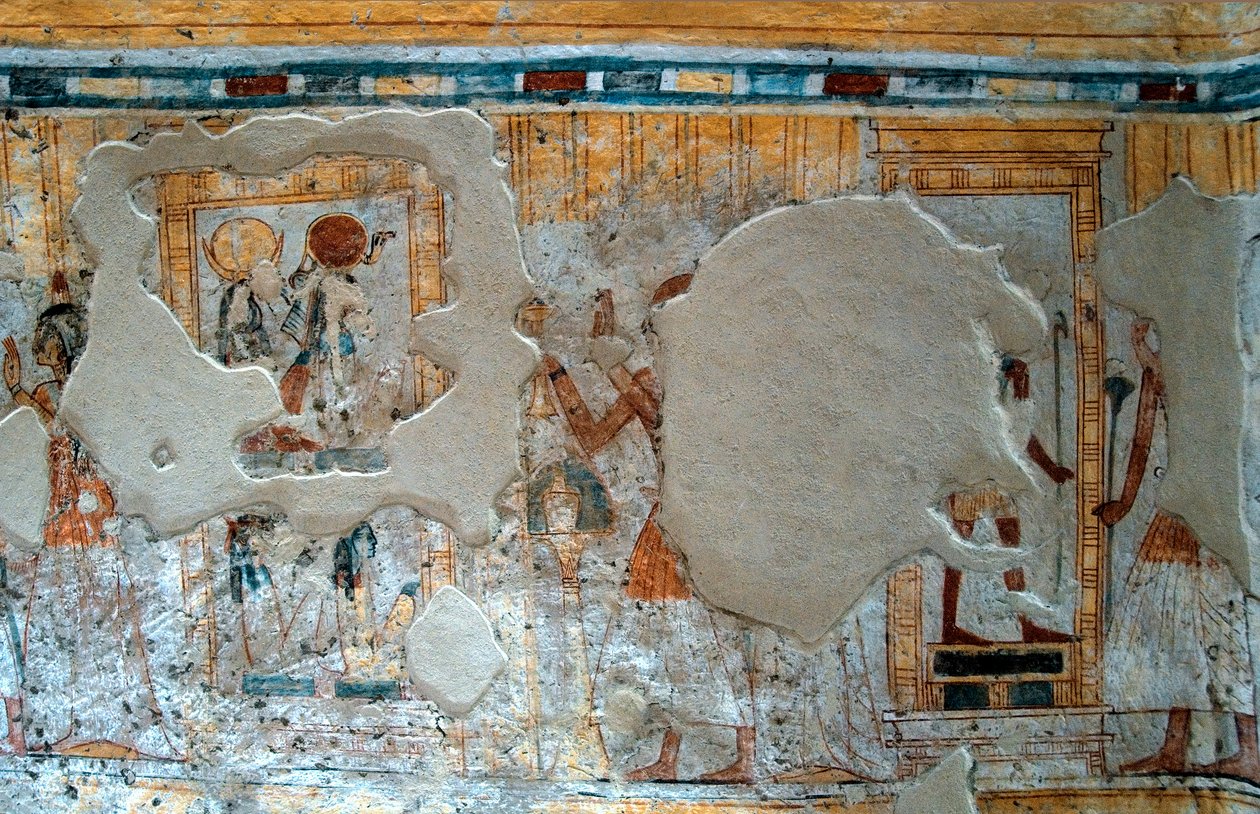 Egyptisk antikvitet: representation av Shuroy och hans fru som dyrkar guden Thot och gudinnan Ra. Målning av Shuroys grav av Egyptian 20th Dynasty