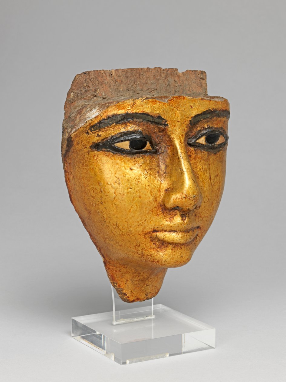 Ansikte från en kista, med ögon och ögonbryn inlagda, förgyllda av Egyptian 20th Dynasty