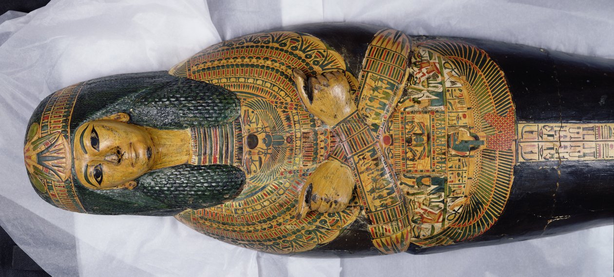 Inre lock av mumin av Nesyamun, möjligen hittat i Deir El-Bahri, New Kingdom, ca 1100 f.Kr. (målat trä) (detalj av 308052) av Egyptian 20th Dynasty