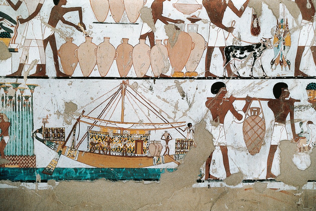 Väggmålning som visar scenen för transport av vin på båt, från New Kingdom av Egyptian 20th Dynasty