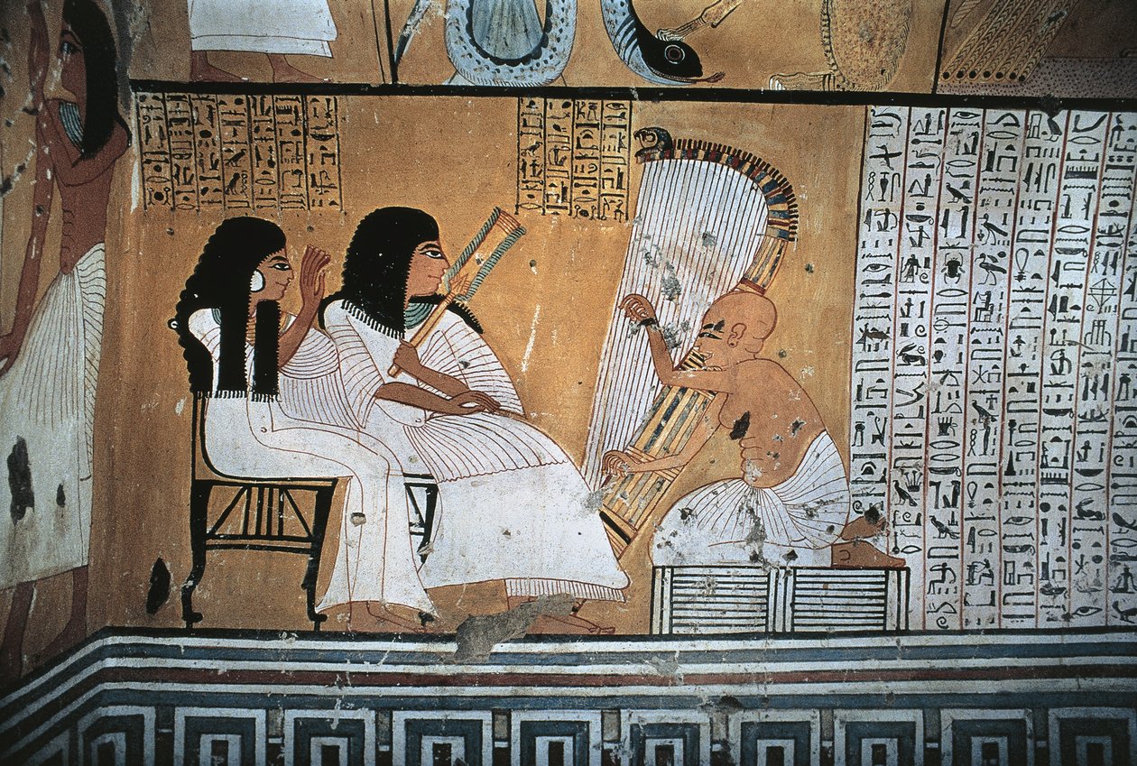 Väggmålning av avlidne Khai-Inherkha och fru tittar på blind harpist av Egyptian 20th Dynasty