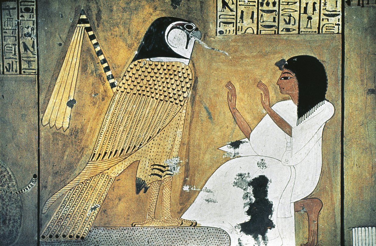 Väggmålning av scen från Book of the Dead, förvandling till Golden Falcon av Egyptian 20th Dynasty