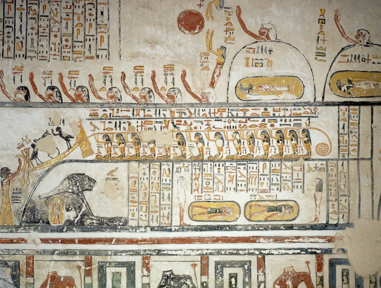 Procession efter solguden Ras himmelsnavigering, Jordens bok, detalj från fresker av gravkammaren i Ramses VI:s grav, Kungarnas dal, Luxor, Thebe (Unescos världsarvslista av Egyptian 20th Dynasty
