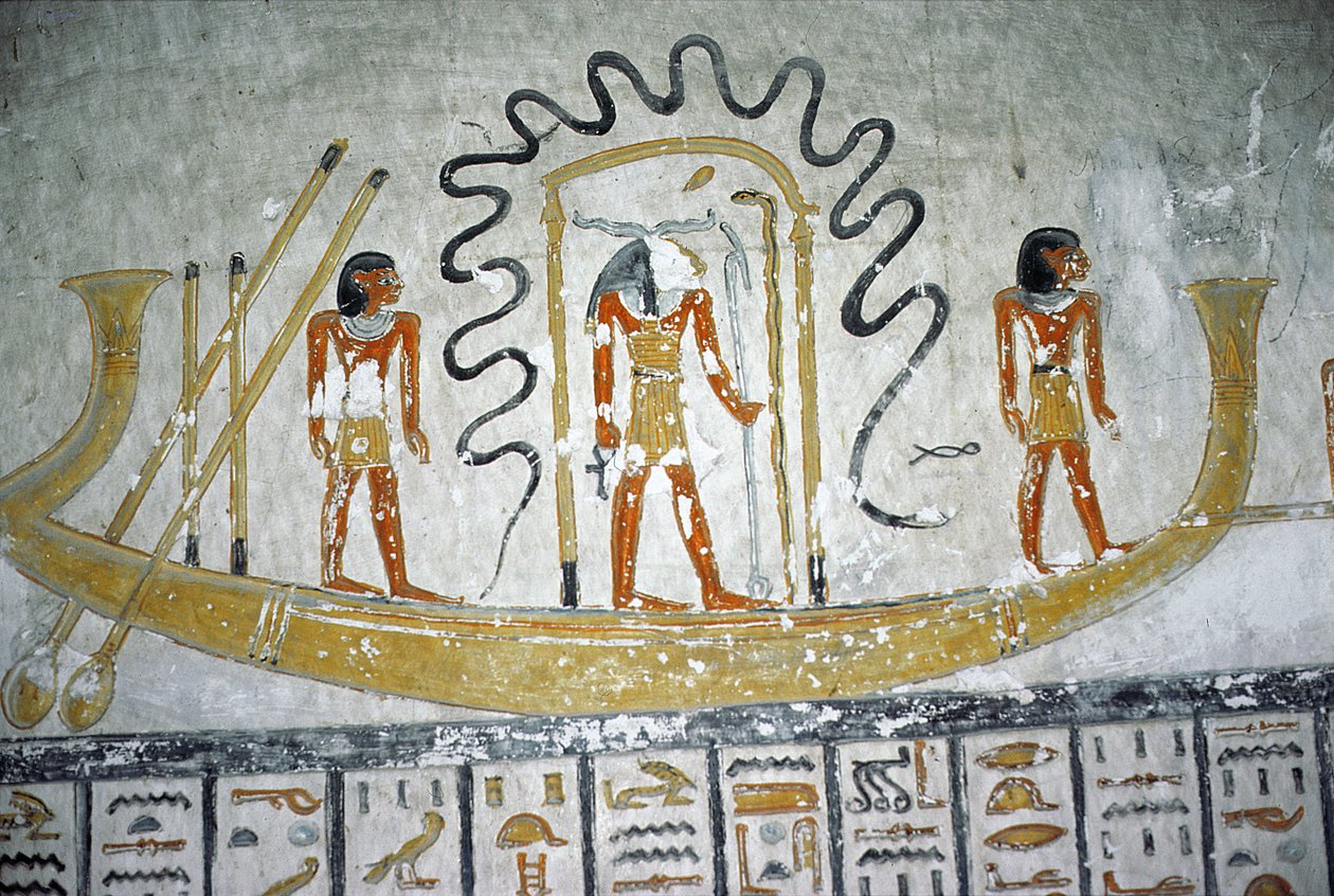 Re in the Night Boat, från Ramses VIs grav, New Kingdom (ca 1145-1137 f.Kr.) (väggmålning) av Egyptian 20th Dynasty