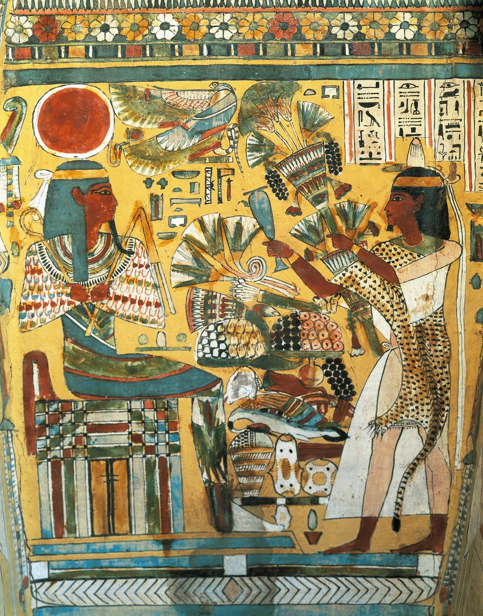 Sarkofag av Ankt Ef Rhonson, skrivare av Amons tempel, inredningsdetalj: den avlidne erbjuder blommor till guden i väst, Nya kungariket, dynastin XX av Egyptian 20th Dynasty