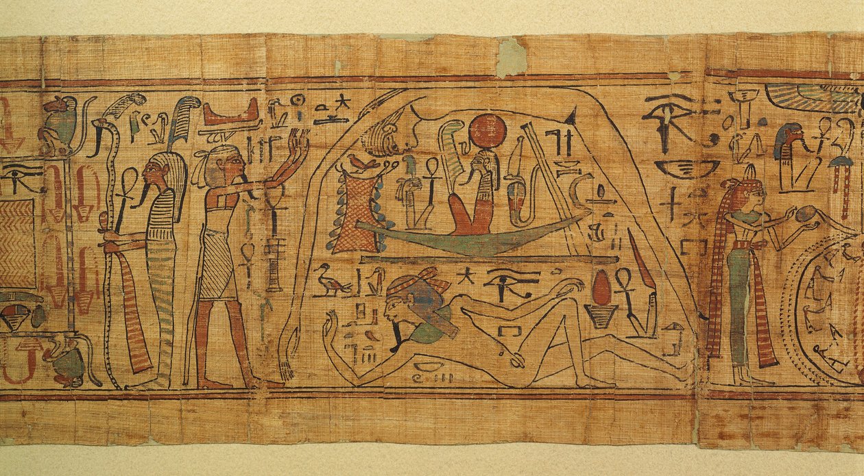 Bok med mytologiska bilder av Nespakachuty, separationen av himmel och jord med solbåten av Egyptian 21st Dynasty