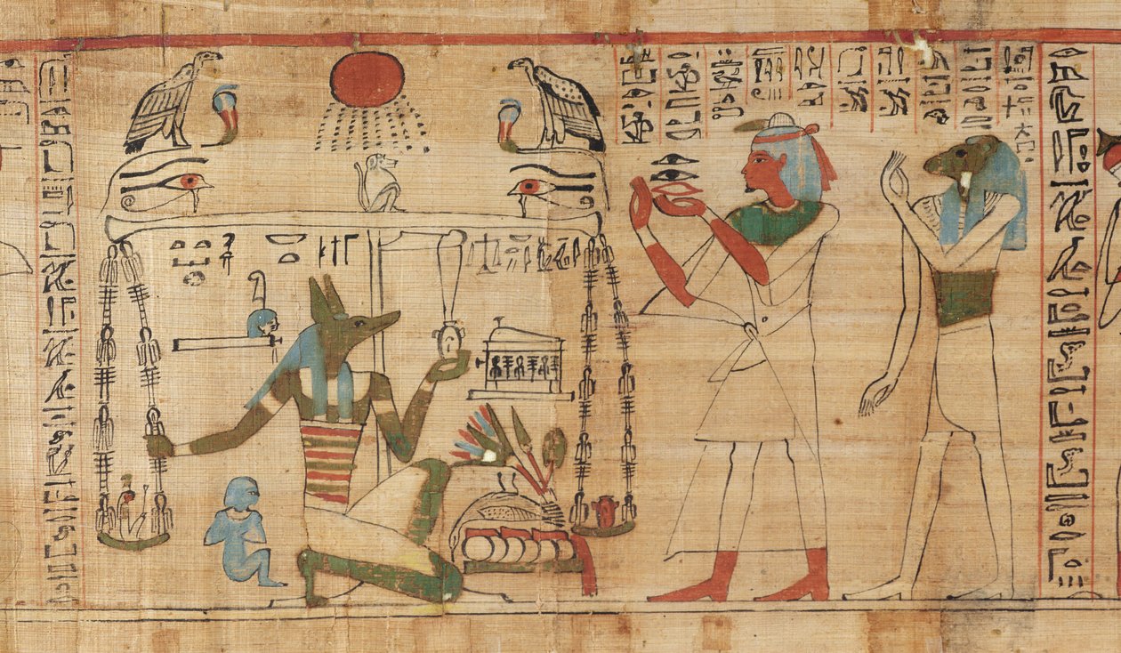 Detalj från prästen Aha-Mers dödbok som visar Anubis som väger den avlidnes hjärta mot Sanningens fjäder (papyrus) av Egyptian 21st Dynasty