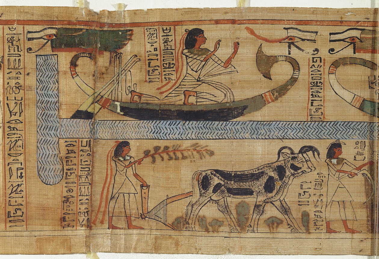 Detalj från prästen Aha-Mers dödbok som visar en bark och en jordbruksscen, tredje mellanperioden (papyrus) av Egyptian 21st Dynasty