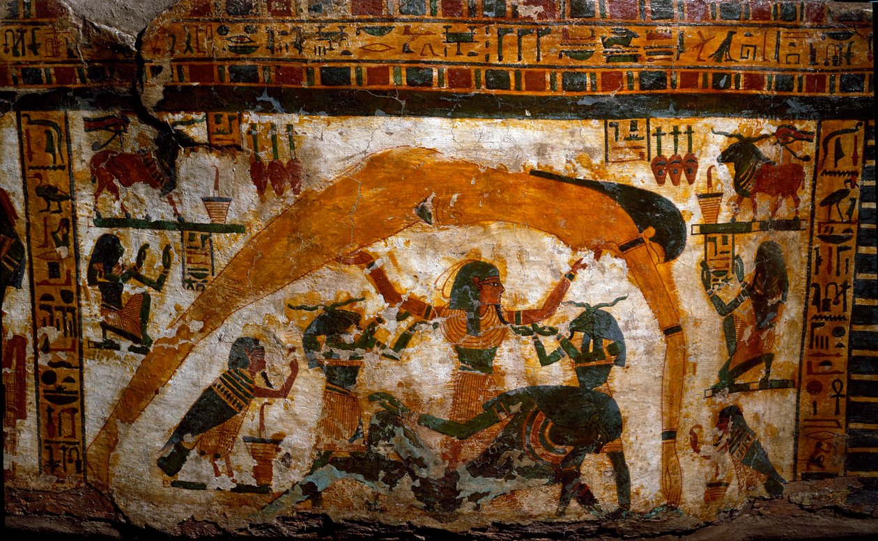 Egyptisk antikvitet: sarkofag av målat trä av Boutehamon (Butehamon), kunglig skrivare. Från Thebe. 21:a dynastin. 990-970 f.Kr. Detalj som representerar världens skapelse. Turin, egyptiskt museum av Egyptian 21st Dynasty
