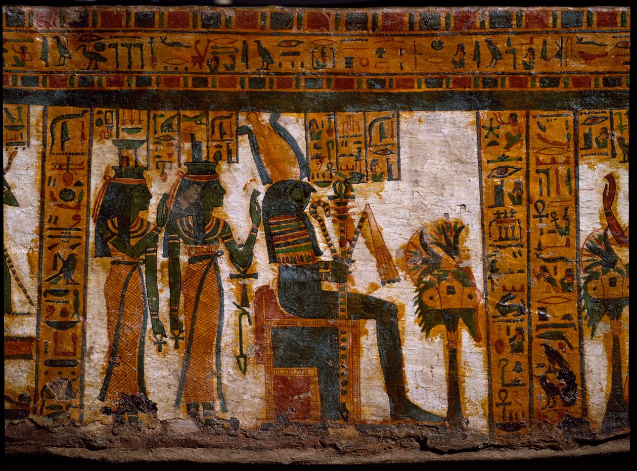 Egyptisk antikvitet: gudomligheterna Isis och Nephtys som dyrkar Osiris. De håller livets nycklar i form av ett kors ansee (Ankh). Dekoration av den antropoida sarkofagen av skrivaren Butehamon, 21:a dynastin (1085-935 f.Kr.). Egyptens museum i Turin (Tori av Egyptian 21st Dynasty