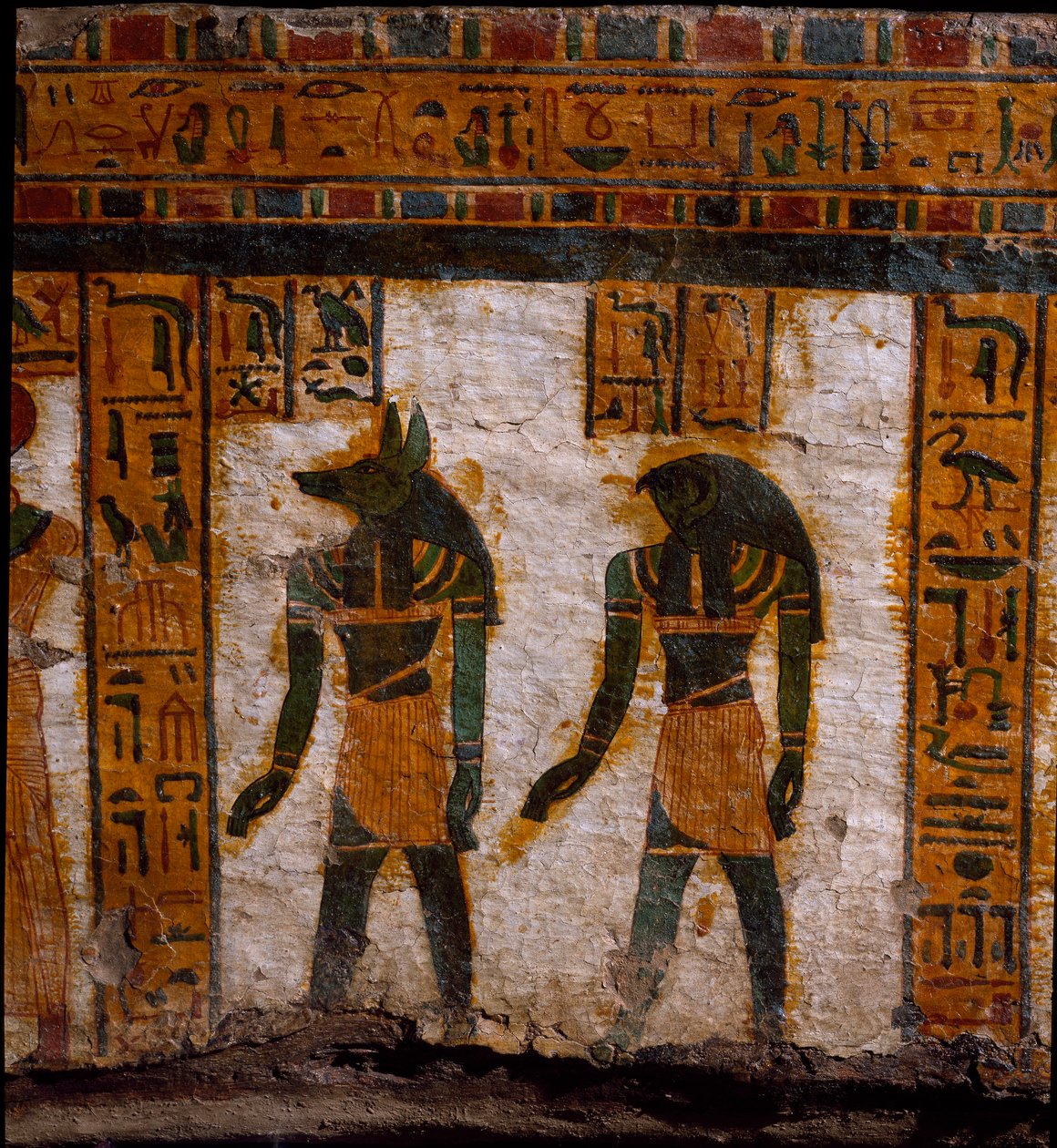 Egyptisk antikvitet: begravningsgenierna Douamoutef och Kebehsenouf (eller Qebehsenouf). dekoration av den antropoida sarkofagen av skrivaren Butehamon, 21:a dynastin (1085-935 f.Kr.). Egyptens museum i Turin (Torino, Museo Egizio) av Egyptian 21st Dynasty