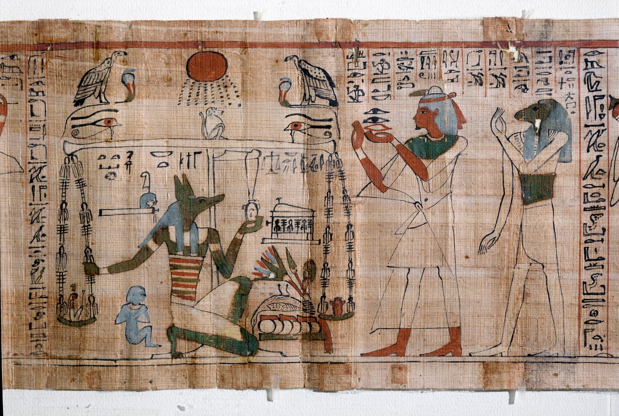 Egyptiska antikviteter: psykostasi (vägande själar). papyrus av en dödsbok. Papyrus från den 21:a dynastin av Egyptian 21st Dynasty