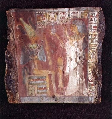 Interiör av sångarens, Toarnemihertis sarkofag, som visar den avlidne som offrar rökelse till Osiris på tronen, tredje mellanperioden (målad sten) (se även 107960) av Egyptian 21st Dynasty