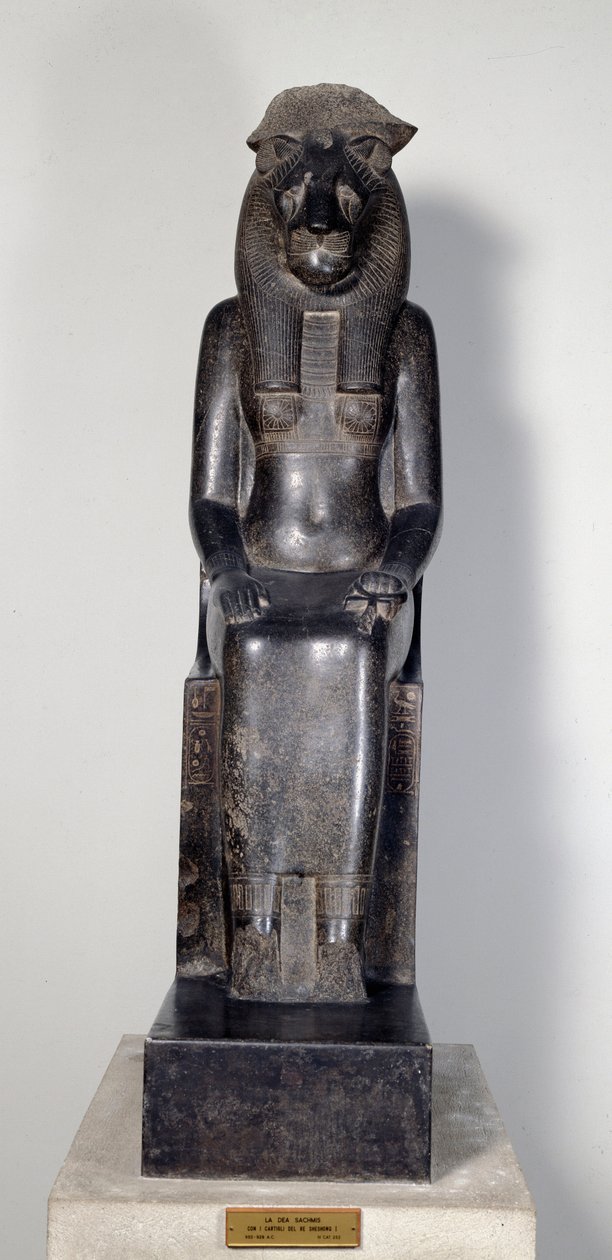 Egyptisk antikvitet: lejoninnan gudomen Sekhmet med patronen av kung Sheshonq I. Staty av svart granit. 950-929 f.Kr. Turin, egyptiskt museum av Egyptian 22nd Dynasty