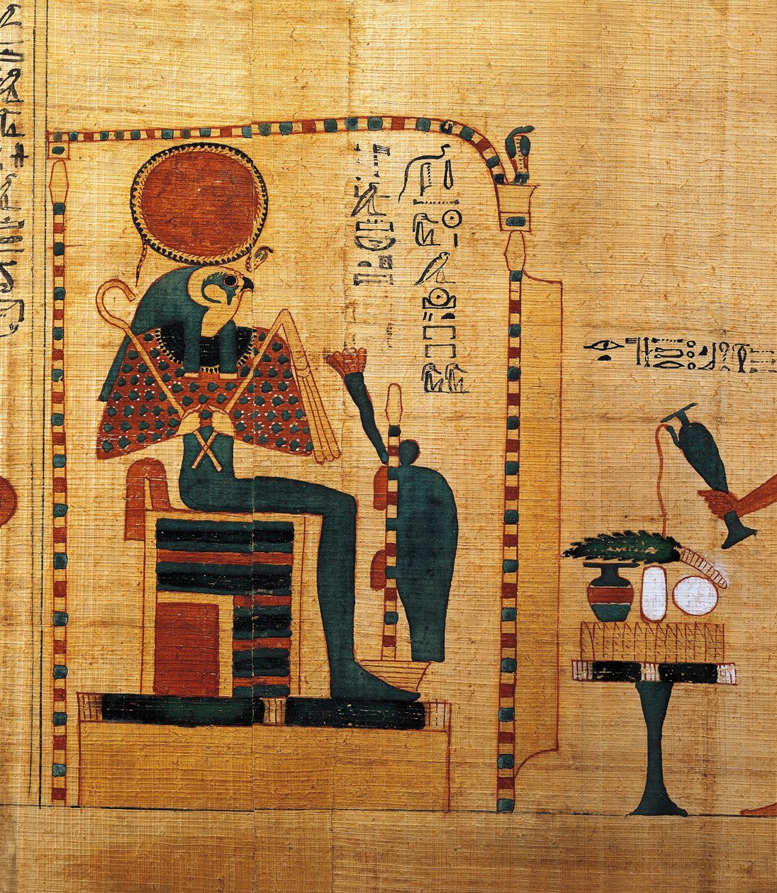Mytologisk papyrus av Imenemsauf, huvudbärare av Amon. Detalj: gud Ra-Harakhti av Egyptian 22nd Dynasty