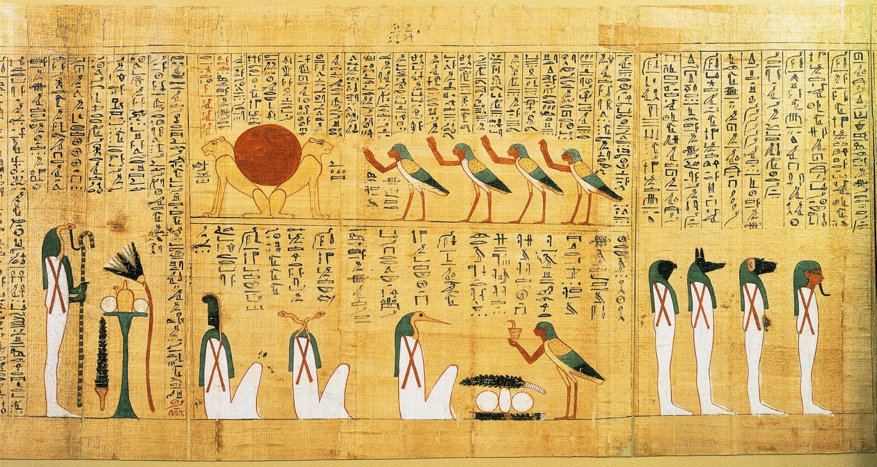 Mytologisk papyrus av Imenemsauf, huvudbärare av Amon. Detalj: hymn till solen avbildad som två lejon av Egyptian 22nd Dynasty