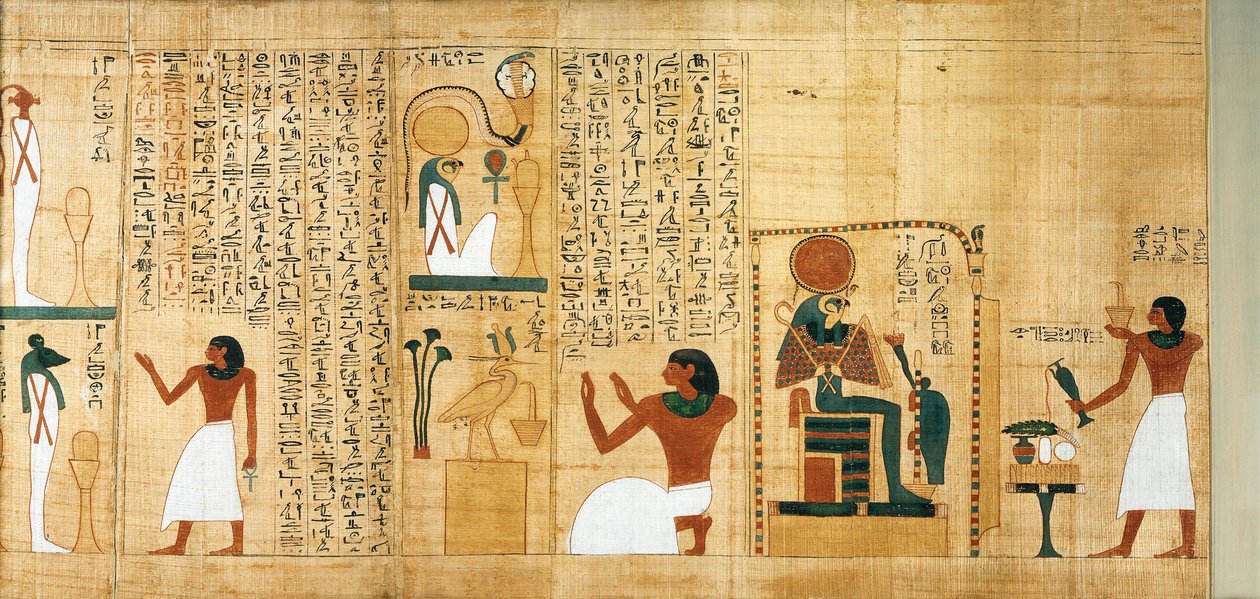 Mytologisk papyrus av Imenemsauf, huvudbärare av Amon. Detalj: rökelse och libations till Ra-Harakhtis ära av Egyptian 22nd Dynasty