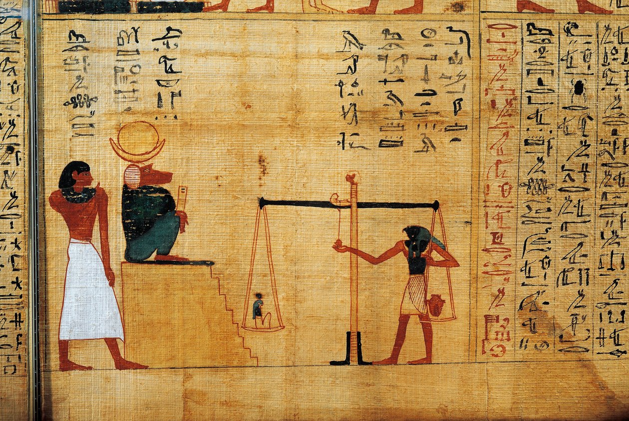 Mytologisk papyrus av Imenemsauf, huvudbärare av Amon. Detalj: vägning av själen inför babianguden Thoth av Egyptian 22nd Dynasty