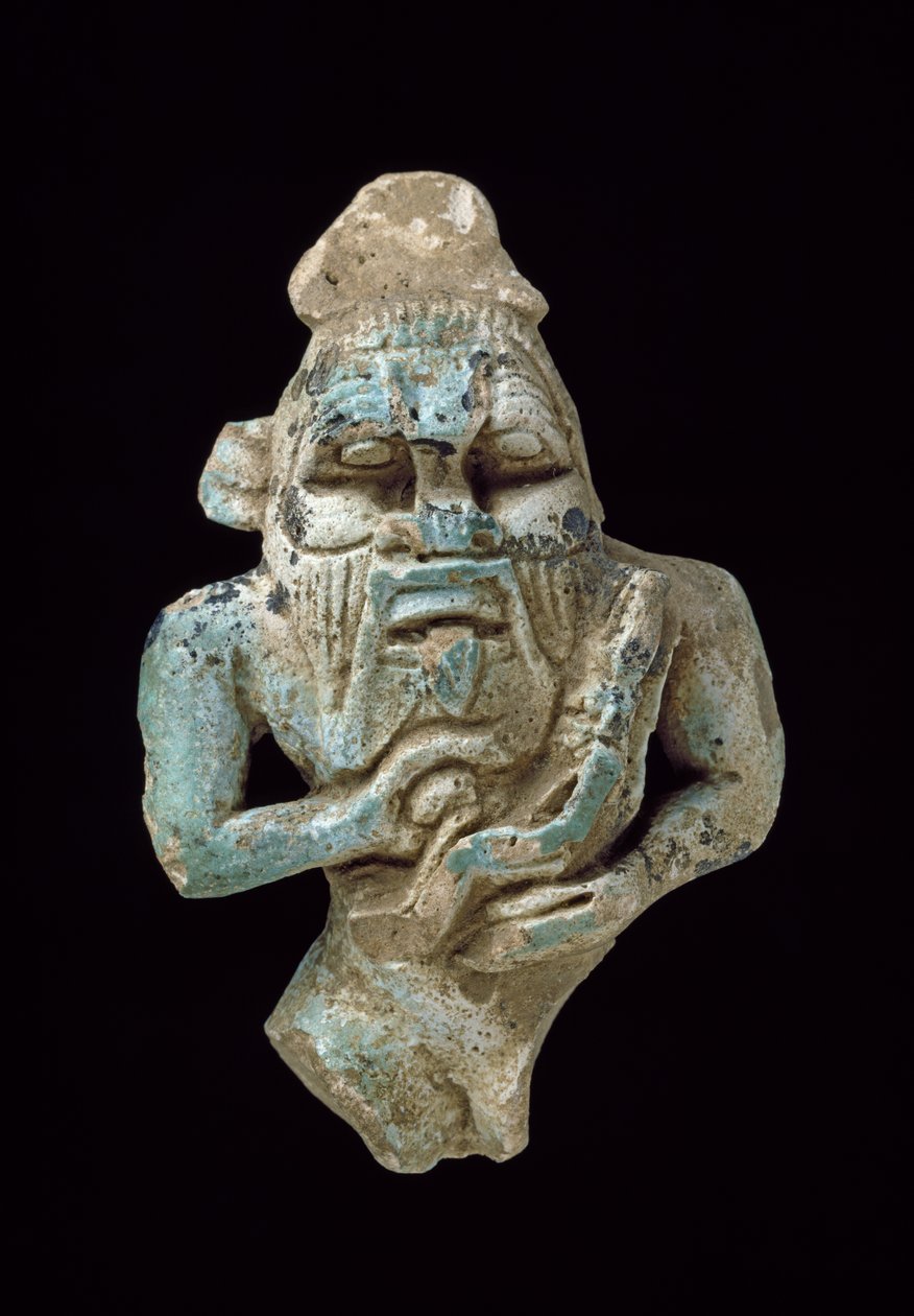 Fajansamulett av Bes som sköter en Horus, ca 770-715 f.Kr. glaserad fajans av Egyptian 25th Dynasty