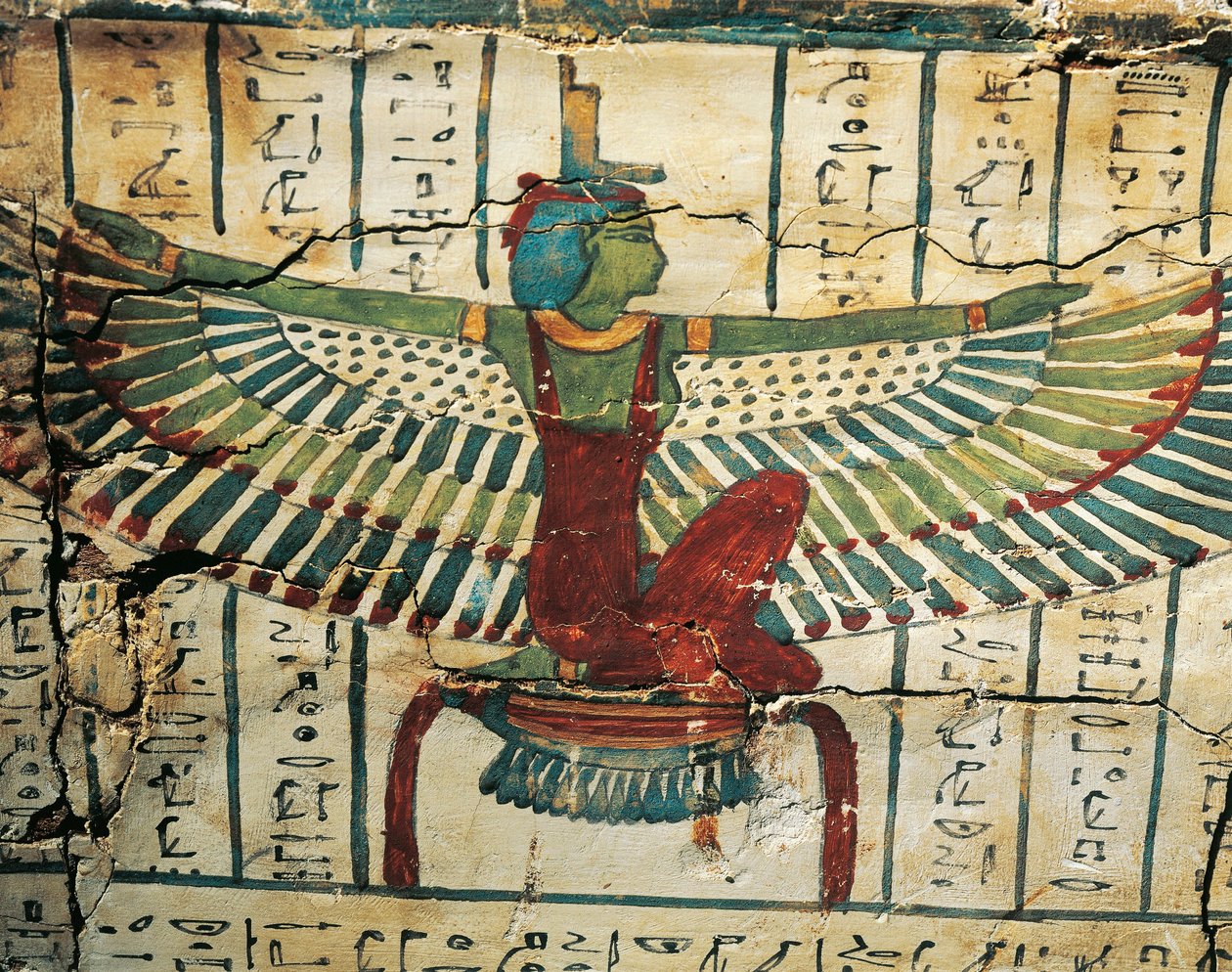 Målat, lackat trä, föreställande gudinnan Isis med utbredda vingar, på Sarkofagen av Cesraperet från Västra Thebe av Egyptian 25th Dynasty