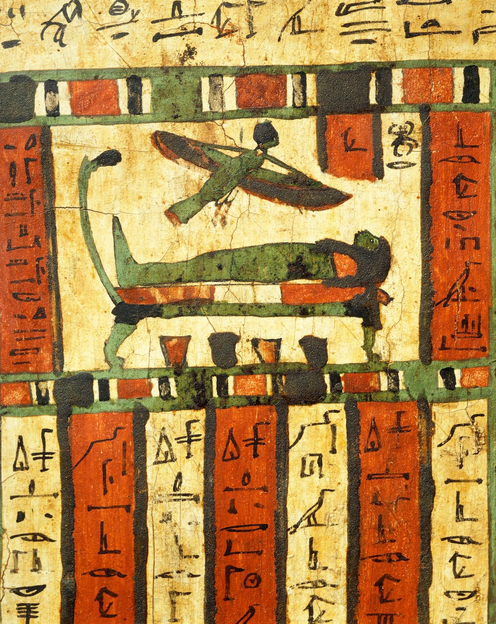 Gipsat och målat trä som föreställer avliden på dödsbädden medan soul, Ba, flyger mot livet efter detta, från Sarcophagus of Tashakheper, Thebe av Egyptian 26th Dynasty