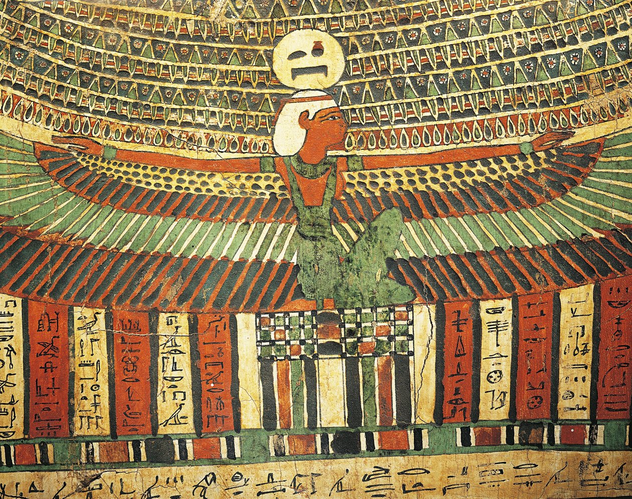 Gipsat och målat trä som föreställer gudinnan Nötskyddande falsk dörr som leder till livet efter detta, från Sarcophagus of Tashakheper, Thebe av Egyptian 26th Dynasty