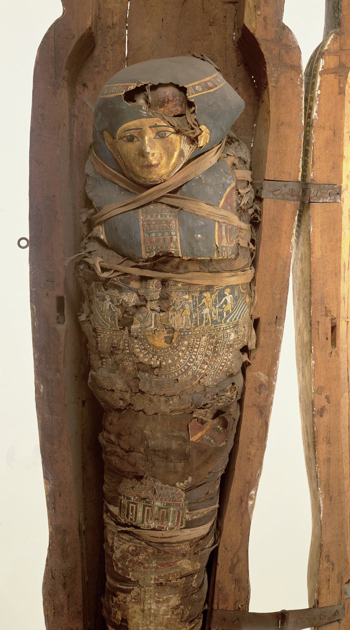 Sarkofag och mumifierad kropp av Psametik I (664-610 f.Kr.) Sen period av Egyptian 26th Dynasty