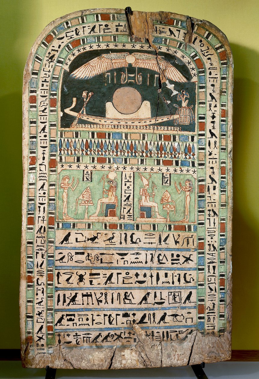 Gudinnan Udjarenes som dyrkar solen, till vänster guden Ra-Horakhty, till höger guden Aton, målade trä. Egyptisk civilisation, sen period, dynasti XXVI. av Egyptian 26th Dynasty
